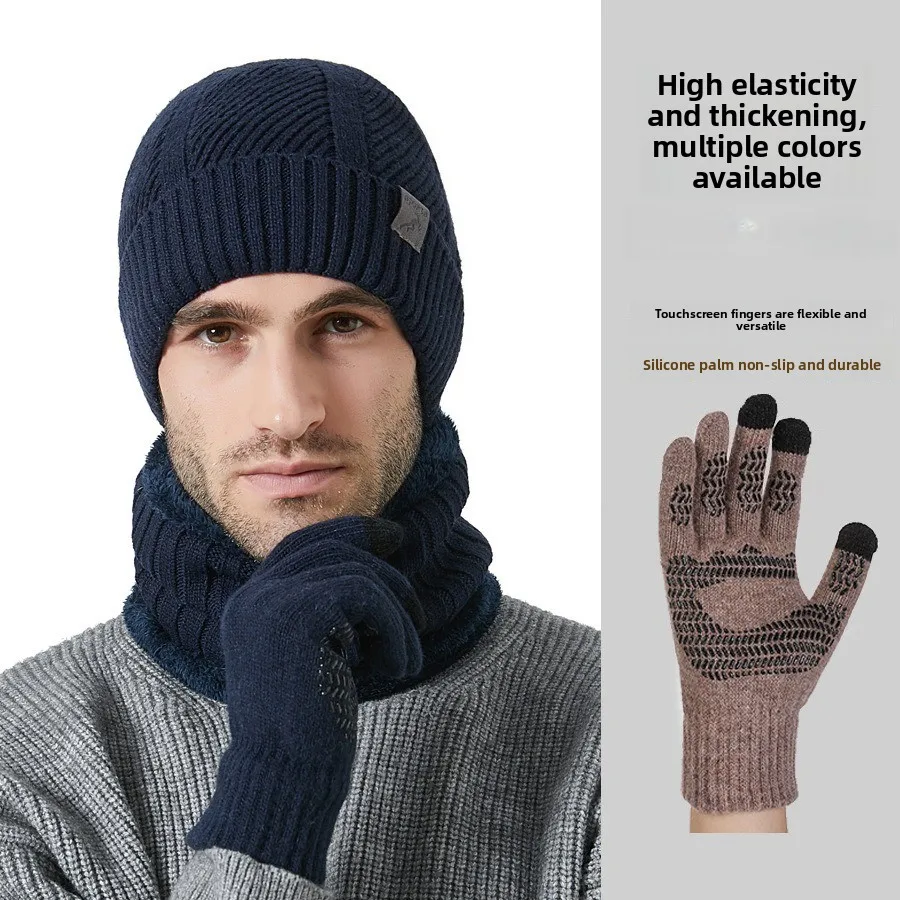 2026 Winter New Thickened Men's Hat Scarf Gloves Three-piece Set Daily Outdoor Riding Non-slip Ear Protectors Knitted Hat Kit