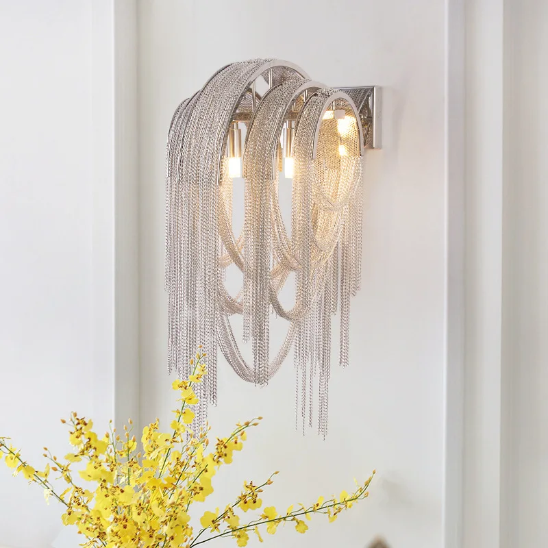 Imagem -02 - Postmodern Tassel Aluminum Chain Wall Light Quarto High-end Lamp Designer Italiano Sala de Estar tv Led Iluminação Decorativa