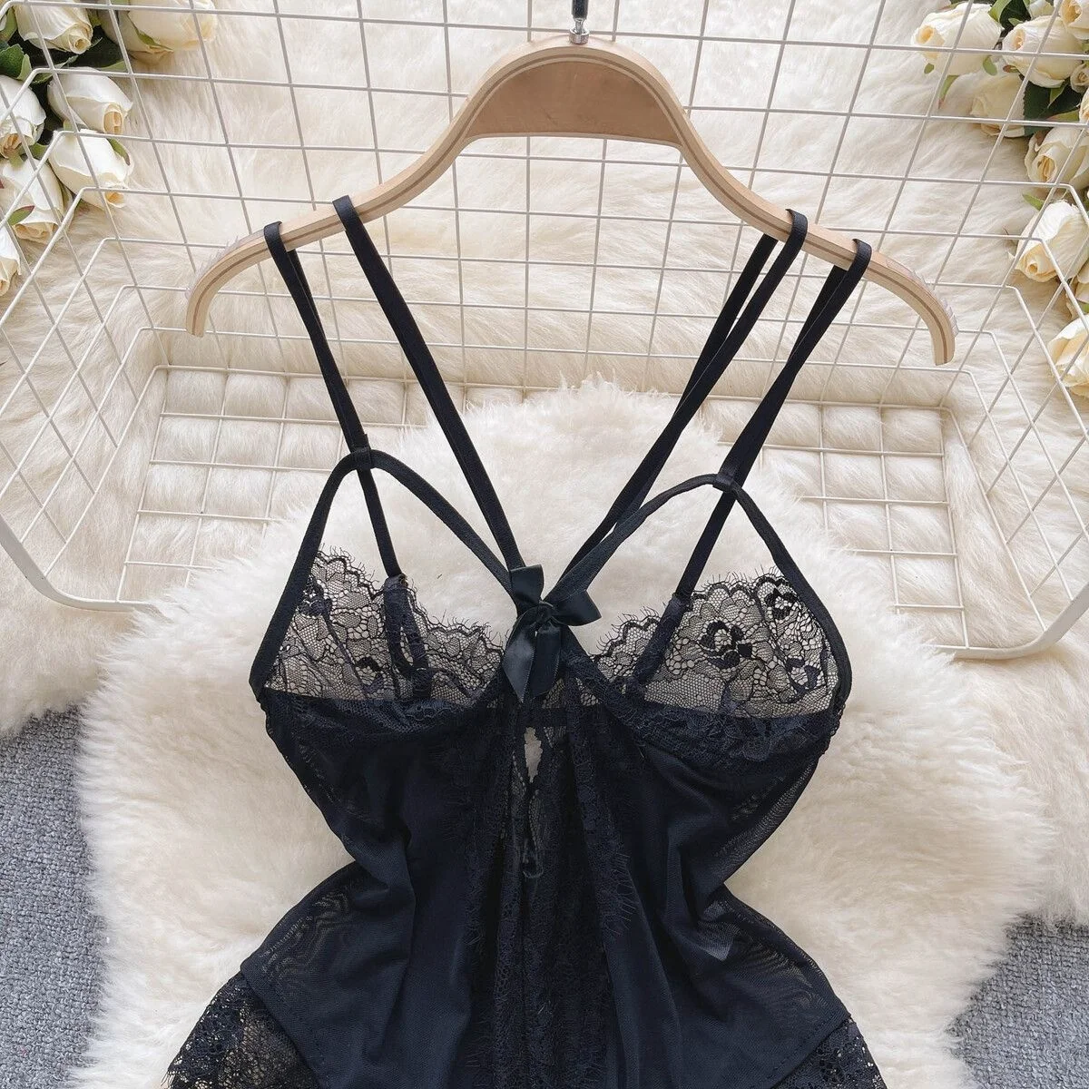 Sexy Hollow Out Strap Jumpsuit Hot Sweet Bow Lace Patchwork Backless Playsuit Slim Fit Bodysuit Erotic Lingerie  Pajamas Woman