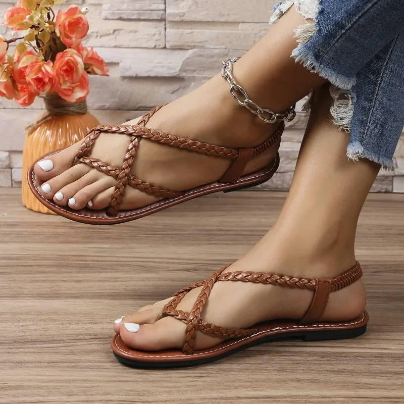 

Pop Flat Sandals, New Summer Solid Color Woven Herculean Flip-toe Sandals, Women Wear Beach Sandals