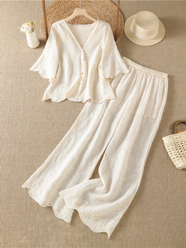 

Elegant Embroidered Set Summer 2026 Slimming Lace Shirt Top Wide Leg Pants Two Piece Set Women Casual Loose Fit Lightweight