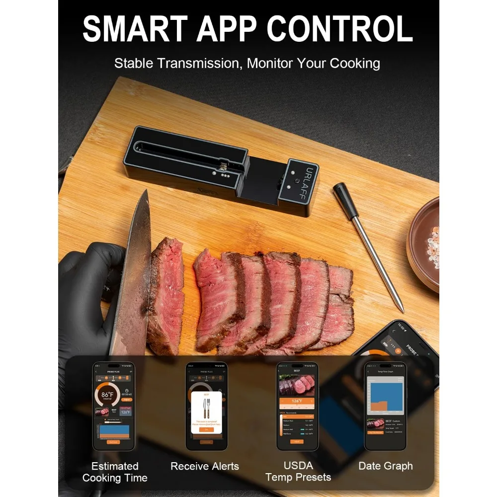 Termômetro sem fio para alimentos de carne, Termômetro digital com Bluetooth 5.2, Smart Remote App, Sonda IPX7, Acessórios para fumantes