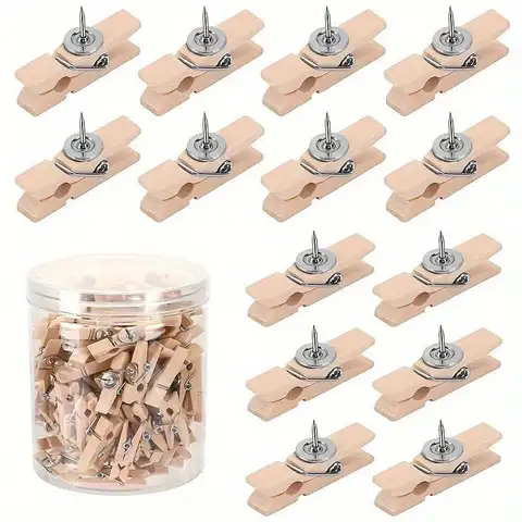 20PCS-Wooden Push Pin Clip Set with Clear Storage Box for Cork Boards, Bulletin Boards, Photos and DIY Crafts