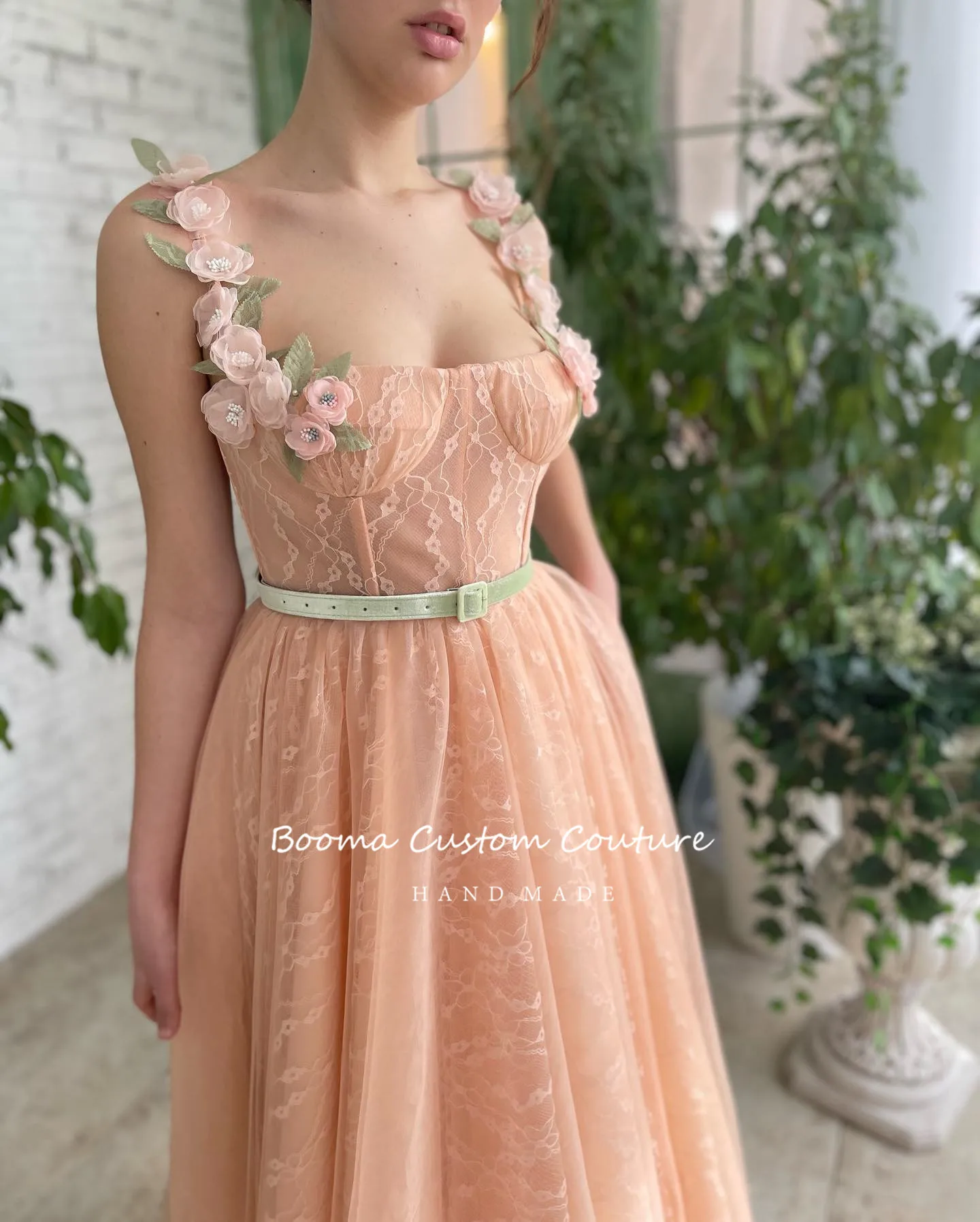 Booma 2022 Peach Lace Midi suknie balowe ręcznie robione kwiaty pasy A-Line suknie ślubne Tea-Length krótkie suknie wieczorowe