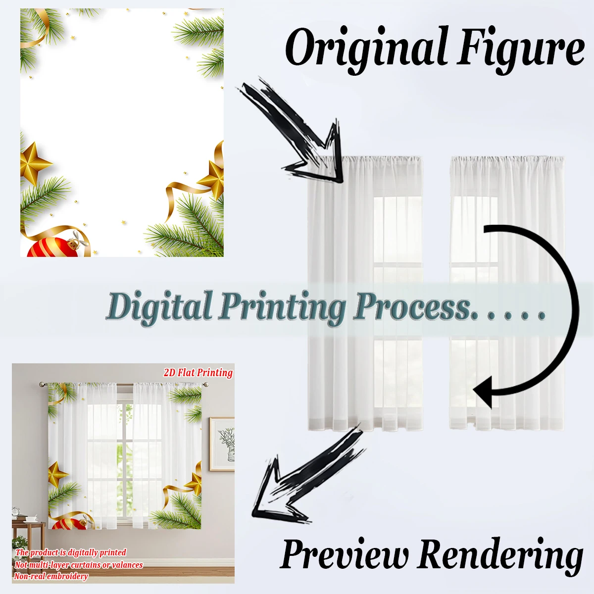 ستارة شفافة للمطبخ بطباعة مسطحة لعيد الميلاد مع فرع الصنوبر لتزيين عيد الميلاد المجيد لحفلات ديكور المنزل