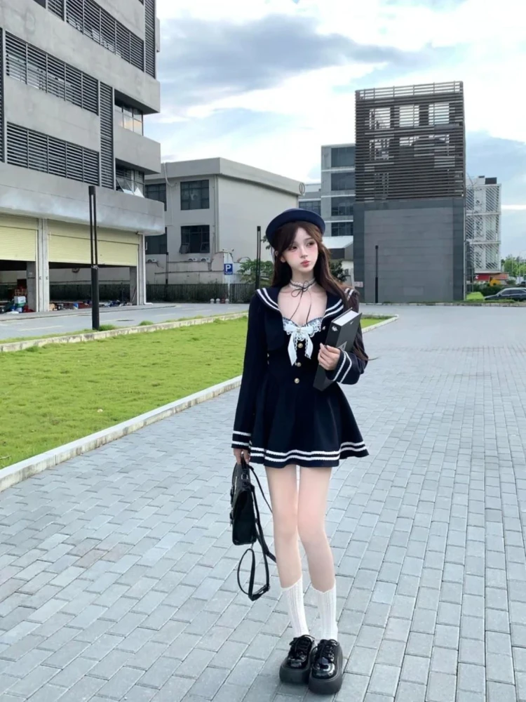 Japoński styl preppy Jk 2-częściowy zestaw damski Kawaii koronkowa kokarda sukienka na ramiączkach spaghetti krótka sukienka i krótki płaszcz damski koreańskie stroje Lolita