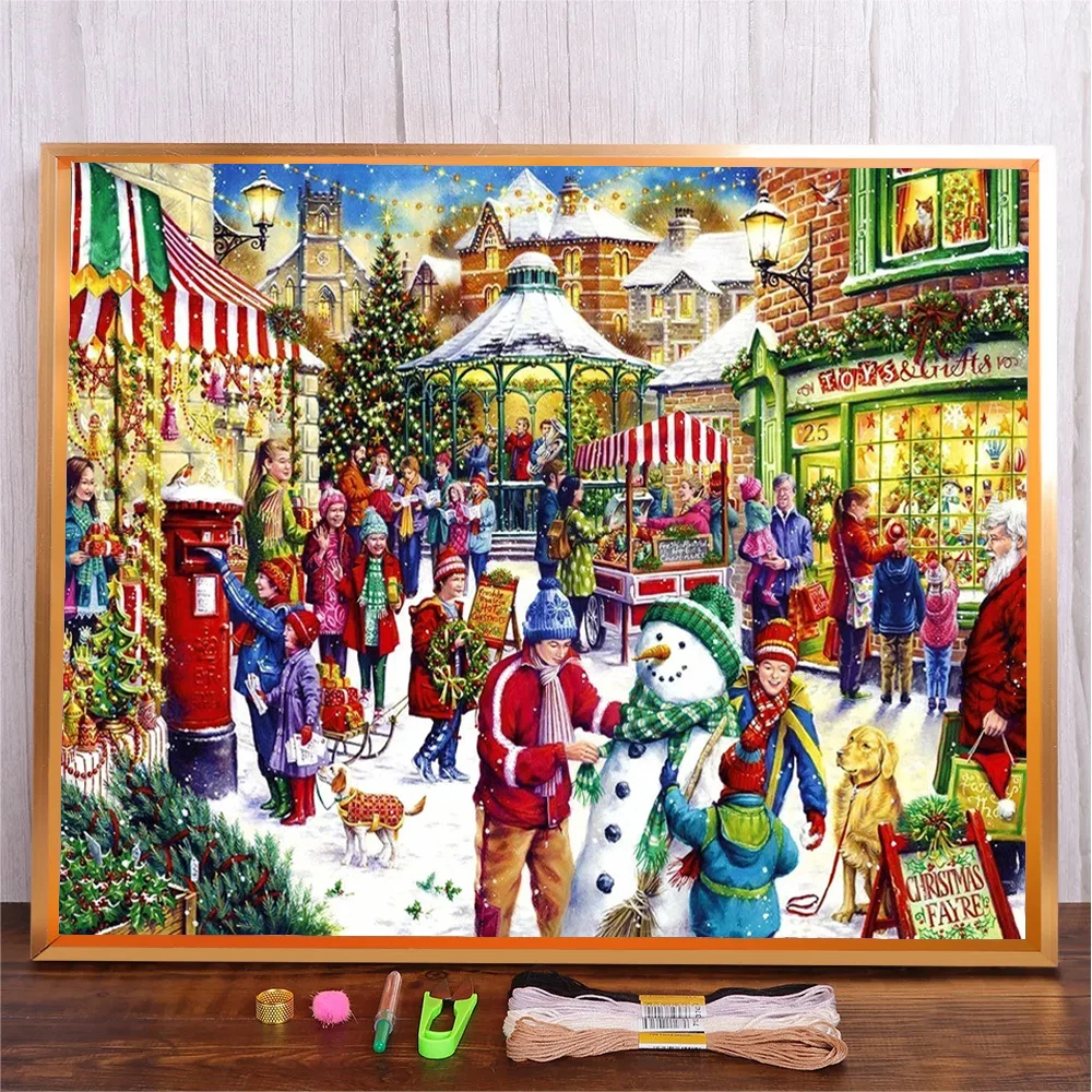 

Christmas Snow Town Patterns Cross Stitch Kits 11CT Cotton Fabric Needlework Embroidery Colorful Threads Craft Kit Wall Art Gift
