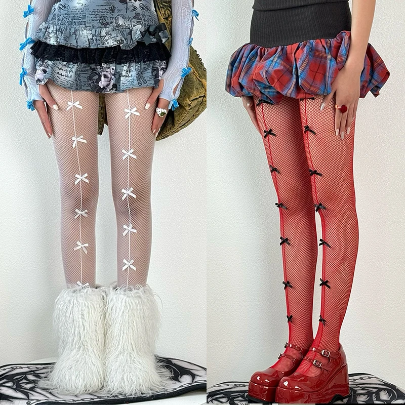 Y2K Fliege Strumpfhosen Damen Strumpfhosen mit hoher Taille Netzstrümpfe Oberschenkelhohe Strumpfhosen 2025, Sommerstrumpfhose mit hohlem Schmetterlingsknoten und Netzstoff
