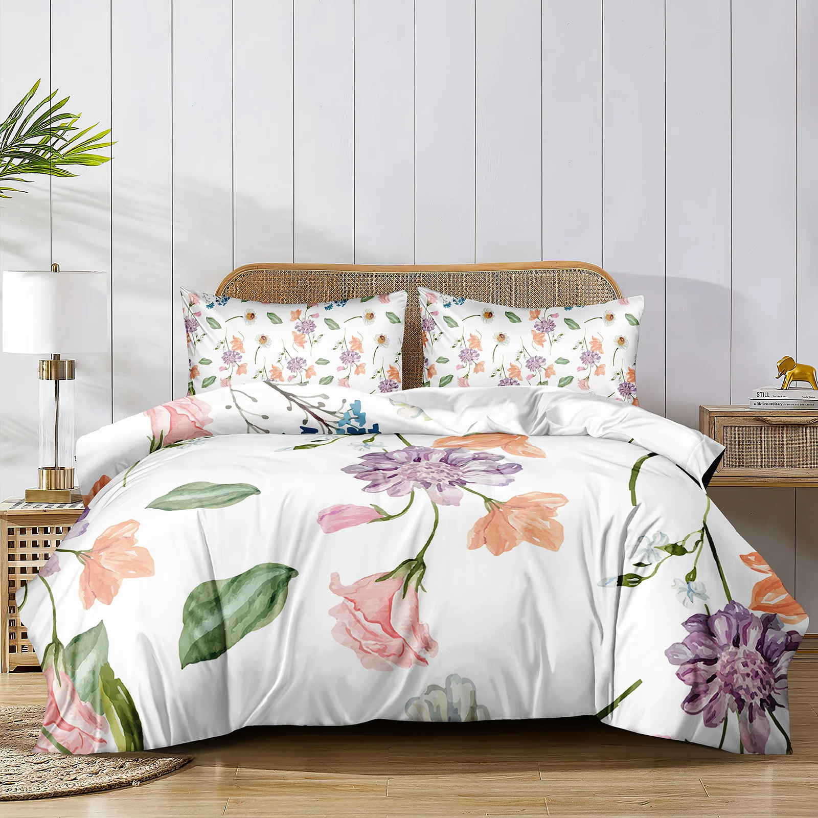 Pastoral Floral Bedding Sets Watercolor Flower Duvet Cover Set Farmhouse Rustic Bed Cover Leaves Comforter Bedding Sets