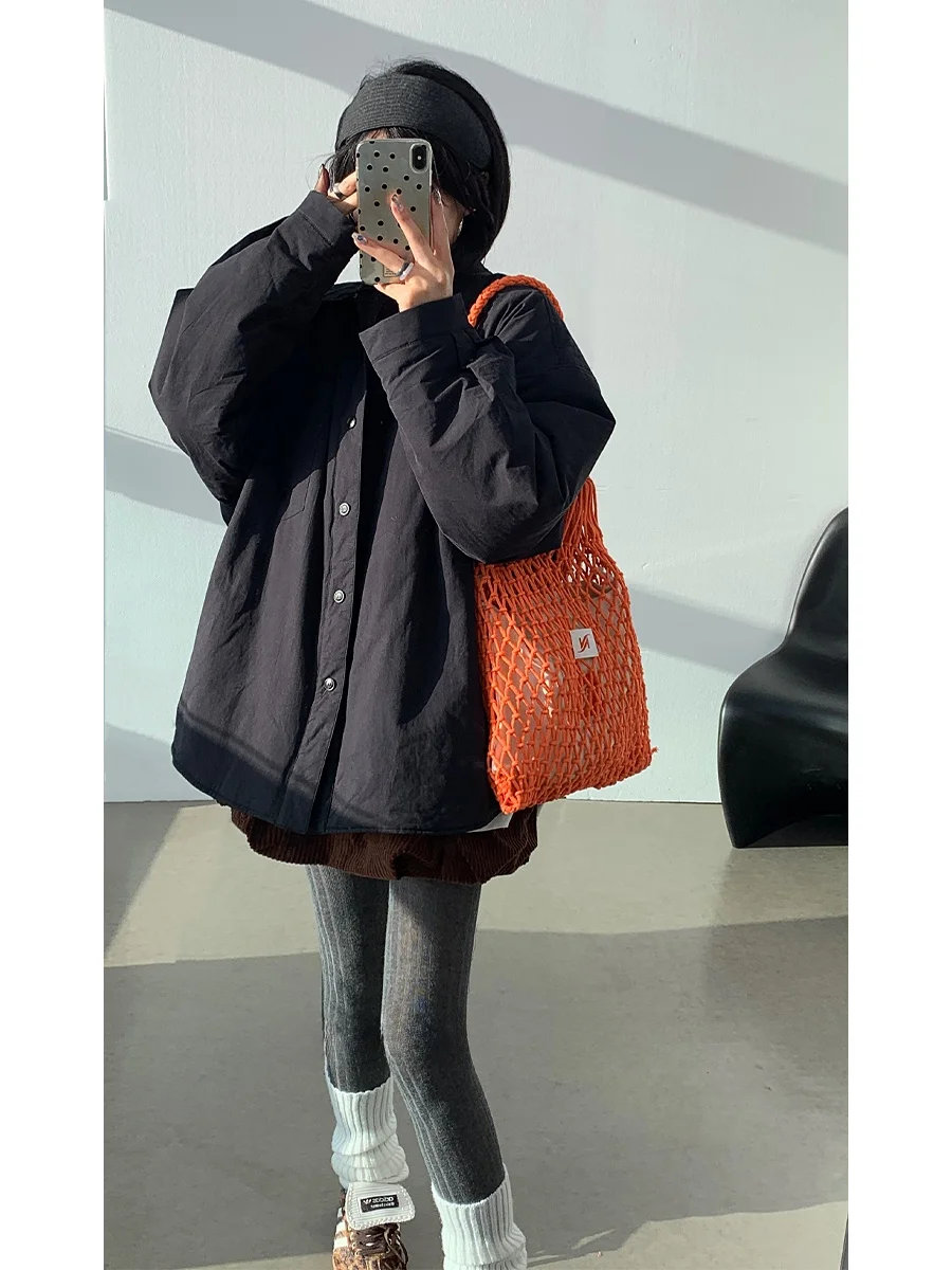 

Casual Cotton irt Jaet Women's Winter New Loose ape Bla White Thin Warmth Cotton Wear Collar Single Button Long ...