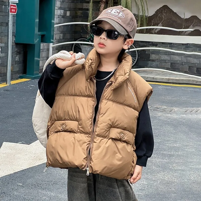 Autumn Winter New Boys Standing Collar Vest Thermal Korean Style Toddler Outerwear Stylish Crossover Jacket for Kids 3-12 Years