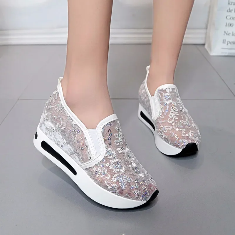 Women\'s Single Shoes Spring Andautumn New Net Cloth Embroidered Sequin Oxford Shoes Comfortable Breathable Increase Casual Shoes