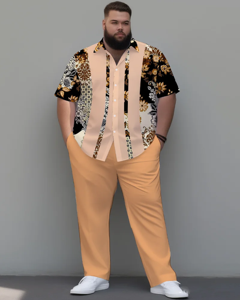 

S-9XL Мужская винтажная рубашка с короткими рукавами и брюками больших размеров с цветочным принтом, комплект из 2 предметов, свободный крой в стиле ретро, летний комплект