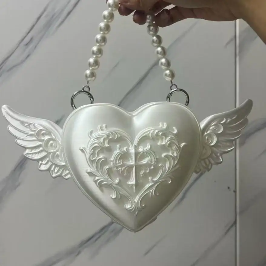 Ladies Y2K Aesthetic Gothic Lolita Crossbody Bag 3D Printed Wings Heart Handbag Fashion Embossed Pearl Chain Mini Handbag