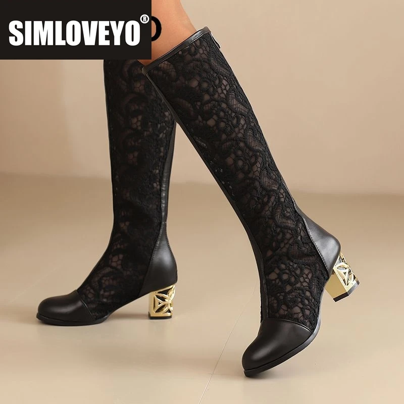 

SIMLOVEYO брендовые пикантные женские сапоги до колена с круглым носком на блочном каблуке 5,5 см на молнии с дышащей сеткой, смешанные женские летние бота 45 46 47