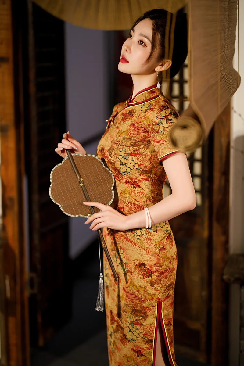 Qipao-Cheongsam à Manches Courtes et Col Mandarin pour Femme, Tenue Traditionnelle Améliorée à Fente Haute, Style Chinois Moderne