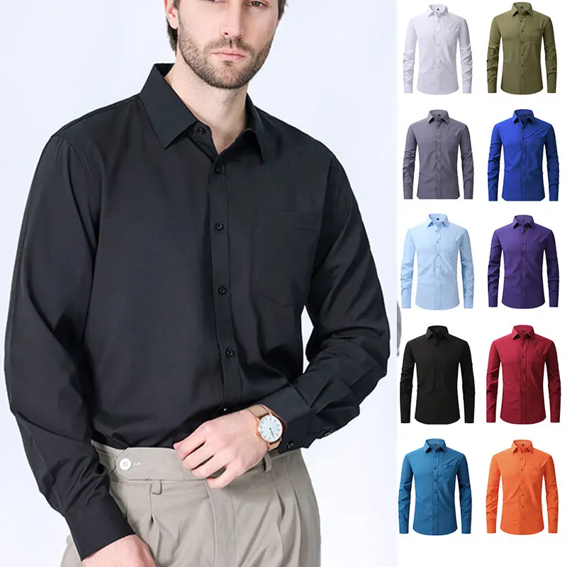 American size men\'s long sleeve shirt big size spring/summer thin solid color free iron breathable high quality business casual