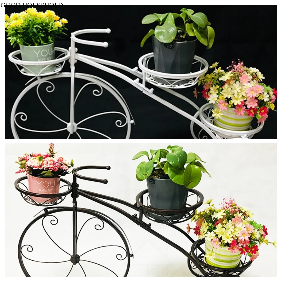 Outdoor Indoor Flower Pot Black/White Bicycle Plant Stand Yard Iron Basket Shelf Home Garden Decor