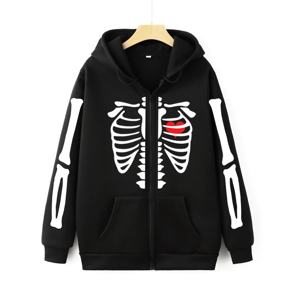 Vintage Skeleton Print Zipper Sweatshirt Y2K Gothic Bone Graphic Unisex Zip Up Hoodie Autumn Streetwear Harajuku Women Zip Hoody