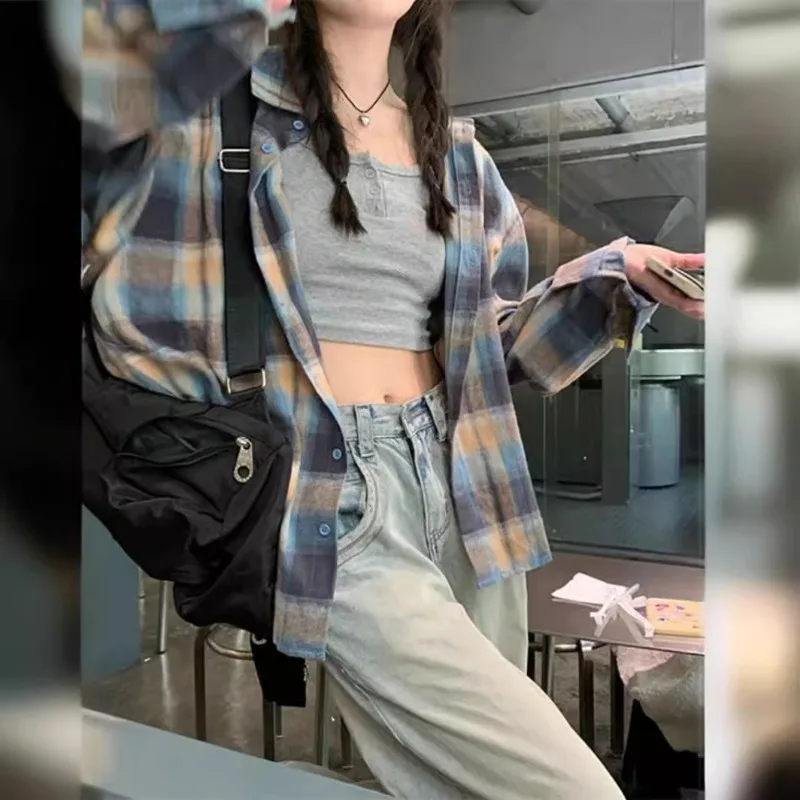 New Blue Checked Shirt Jacket for Women Loose Casual Slim Mid-length Shirt with Cardigan