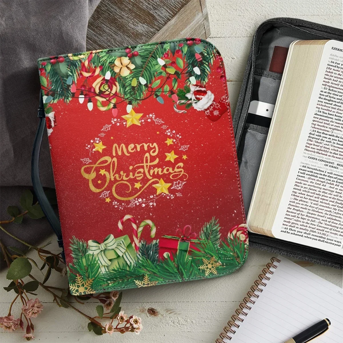 

Women's Handbags Christmas Decoration Blessing Words Print Holy Bible Bag for Ladies Pu Leather Zippered Book Holy Boxes Gifts