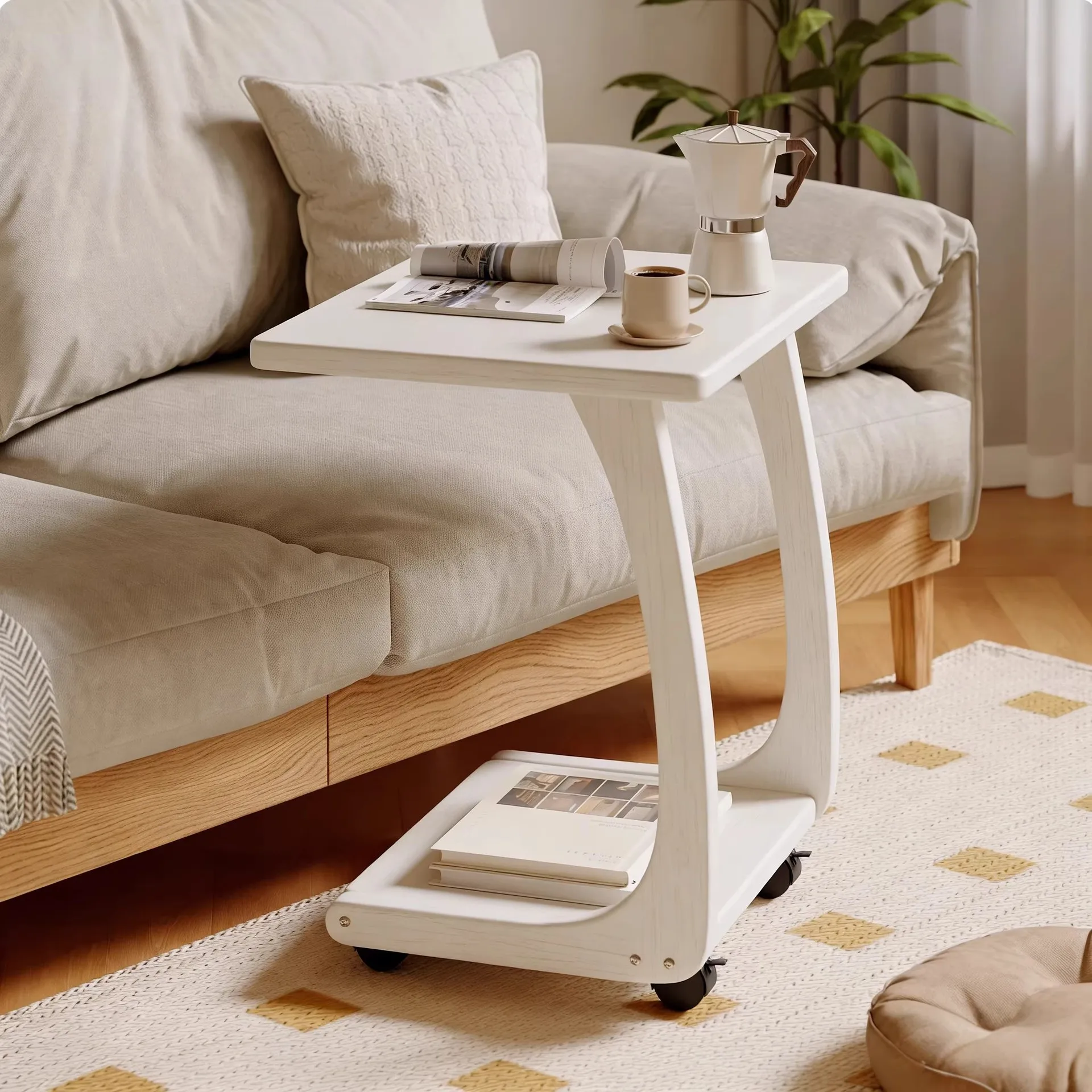 Solid wood side table, movable small coffee table with wheel tea table, few solid wood side cabinets by the bed,