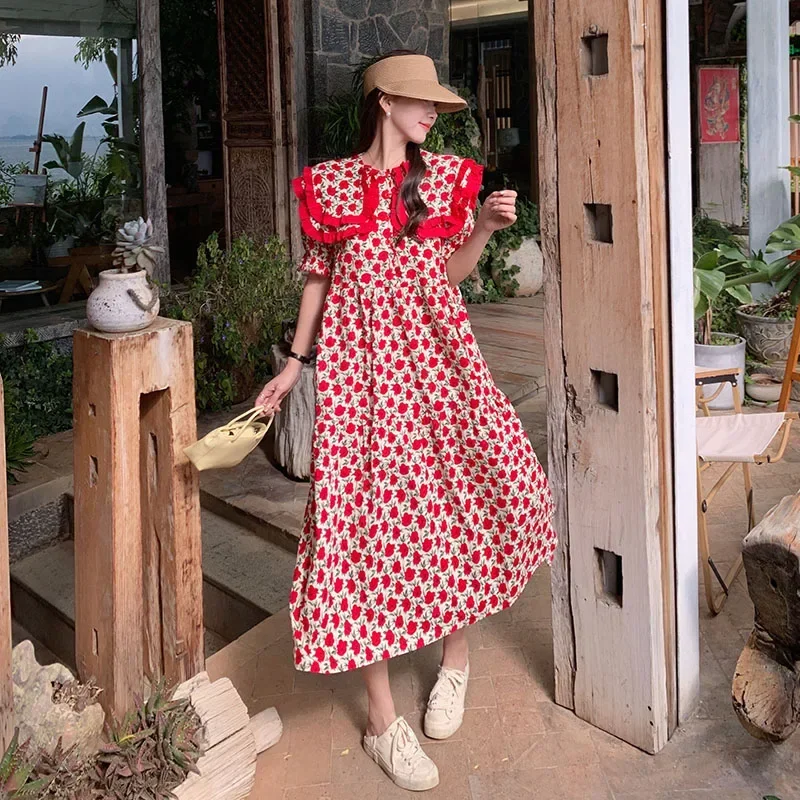 

Summer Maternity Photography Dresse Ruffled Large Peter Pan Collar Ruffled Patchwork Pregnant Woman Floral Dress Holiday Clothes