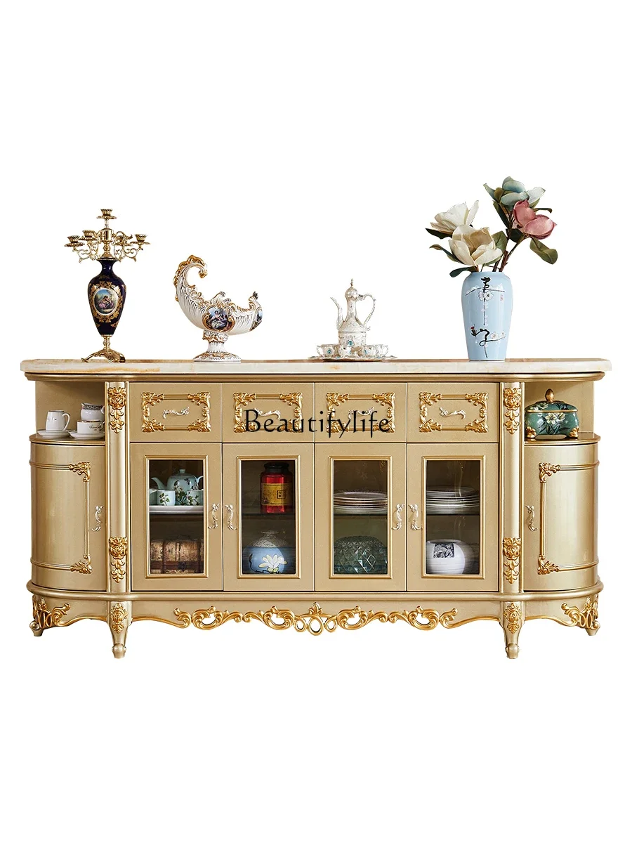 

LD33European-Style Marble Sideboard Cabinet Solid Wood Dining Room Locker Hallway Living Room Hallway