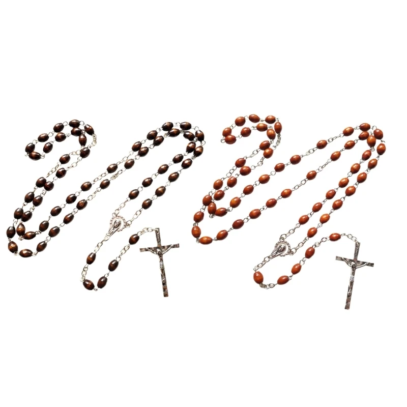 2Pcs Crosses Pendant Rosary Beads Chain Necklace Spiritual Jewelry Christian Religious Gift for Catholic Devotional