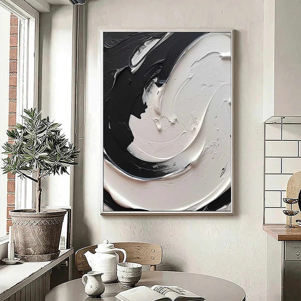 Hand Painted Oil Painting Large Black And White Abstract Painting Black And White Wall Art Black White Minimalist Wall Decor Art