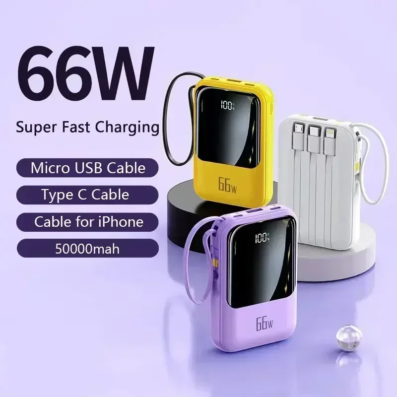 

50000mAh Mobile Power Supply With Built-In Cable 66W Super Fast Charging Power Bank Waterproof Portable Mobile Phone Accessories