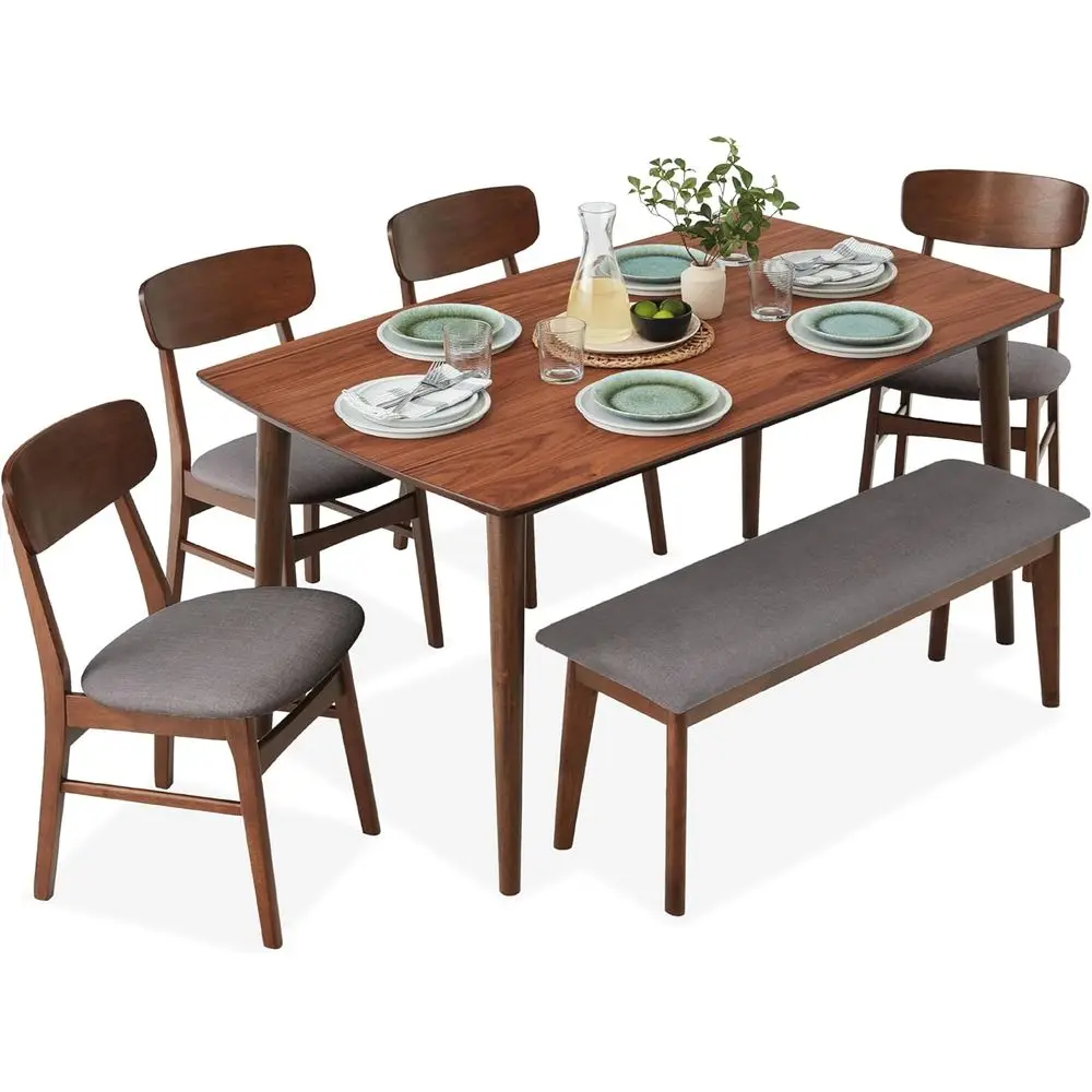 

Орехово-серый обеденный набор из 6 предметов со современным столом века и мягкими стульями, включая скамейку