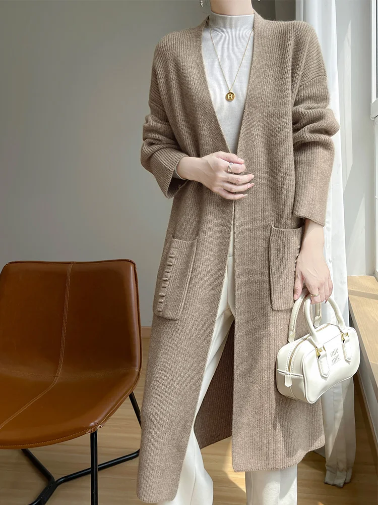 

Women's 100% Pure Wool Knitted Cardigan, Pockets, Long Sleeves, Fashionable, Korean Style, Top, Autumn/Winter 2024, Coat