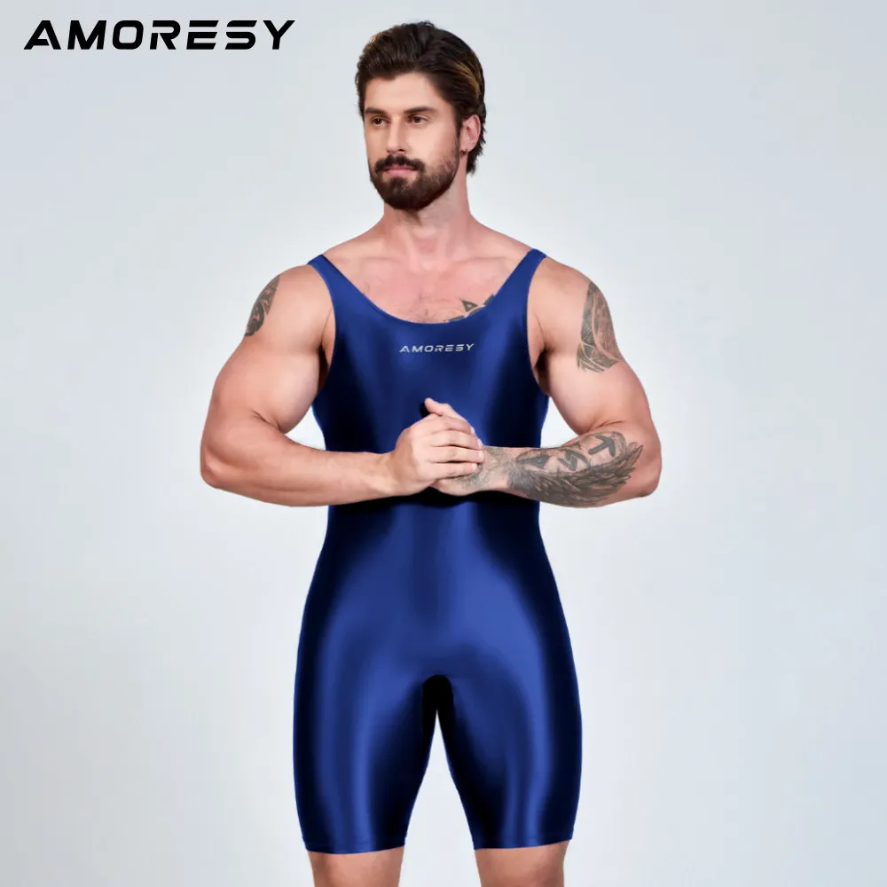 AMORESY Herren Sexy Glänzender, glatter Bodybuilder-Singlet, ärmellos, zum Laufen, Catsuits, Fitness, Yoga, Sport, Overall, Radfahren, einfarbig, eng anliegend – Detail 5