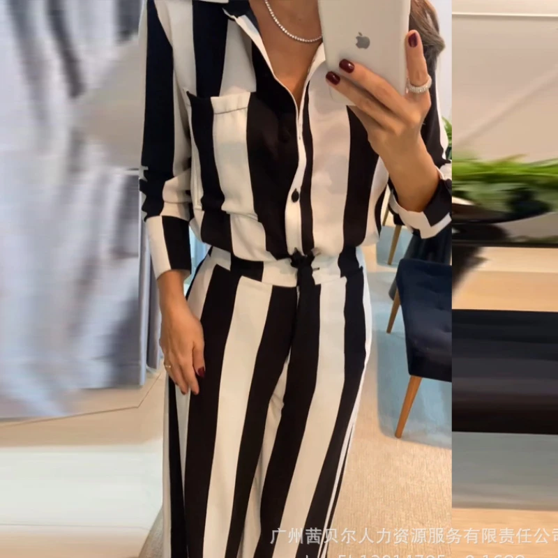 Striped Pocket Design Shirt & Wide Leg Pants Set Two Piece Set Women T Shirts Turn Down Collar Tops Trouser High Waist Pant Sets