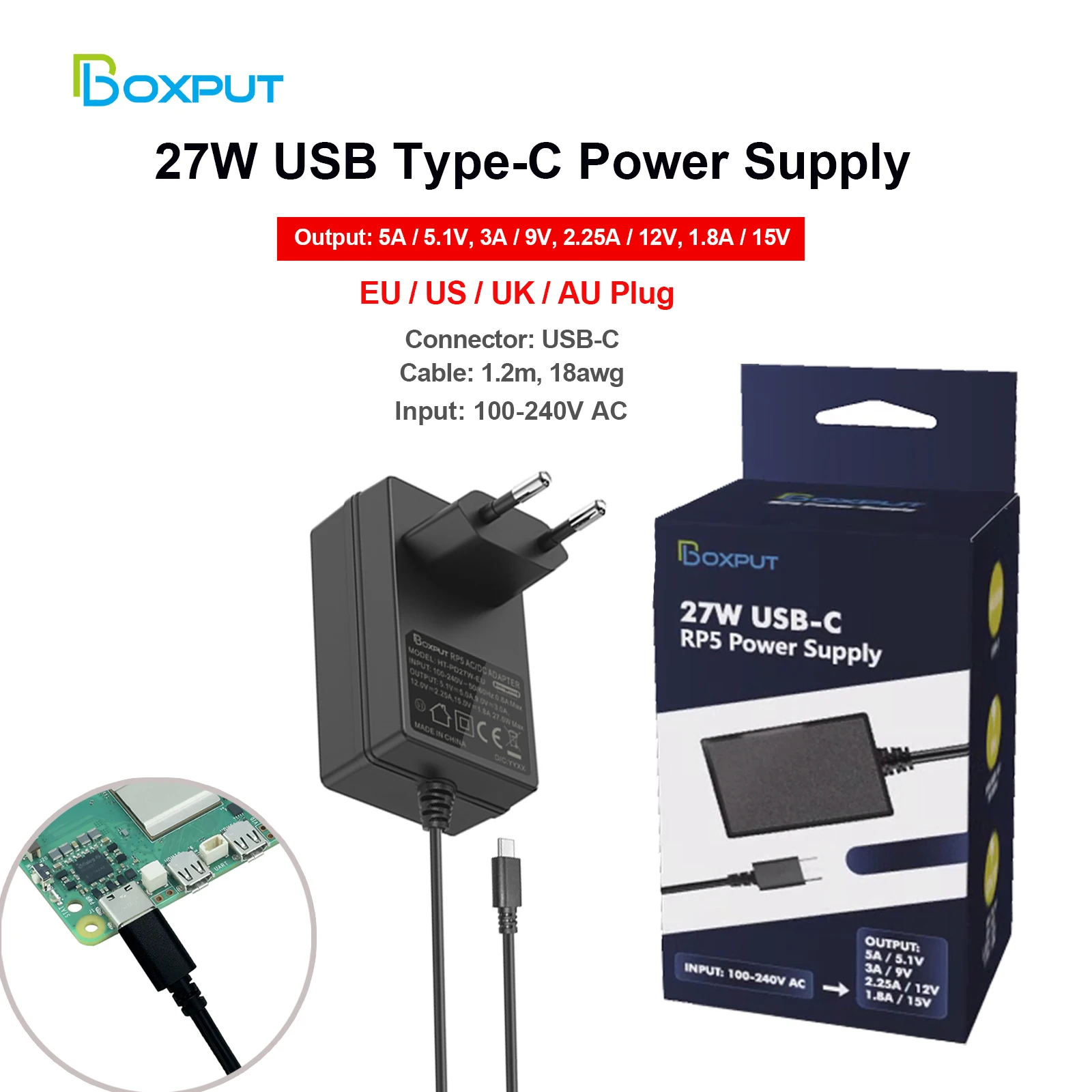 

BOXPUT Power Adapter 27W USB C Power for Raspberry Pi 5 Supply 5.1V 5A Compatible for PD Charing EU US UK AU Plug