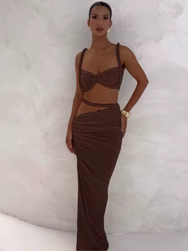 kliou Woven Sexy Women 2 Piece Set Stunning Hot Solid Pleated Crop Camisoles+High Waist Maxi Skirts Female Trend Vacation Outfit - Image 7