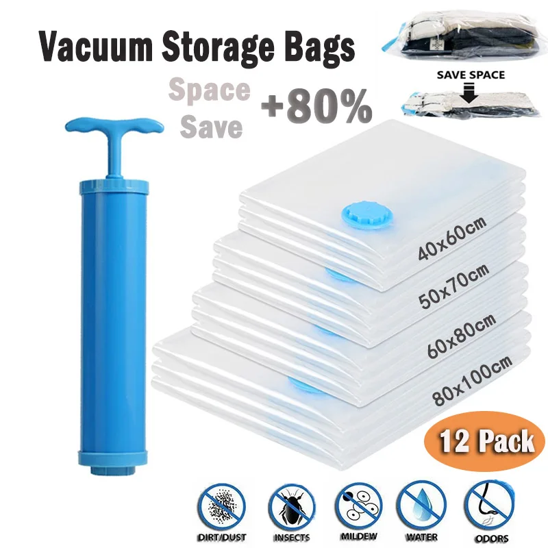 12 Pack Vacuum Bag for Clothes Storage Home Organizer Travel Space Saving Aspirated Waterproof Quilt Air Compression Vacuum Bags