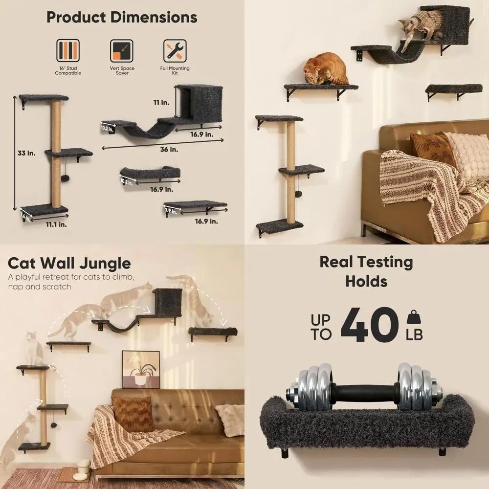

Sturdy 4-in-1 Cat Wall Shelf Set, Wooden Climbing and Scratching Post for 16 Drywall - Gray