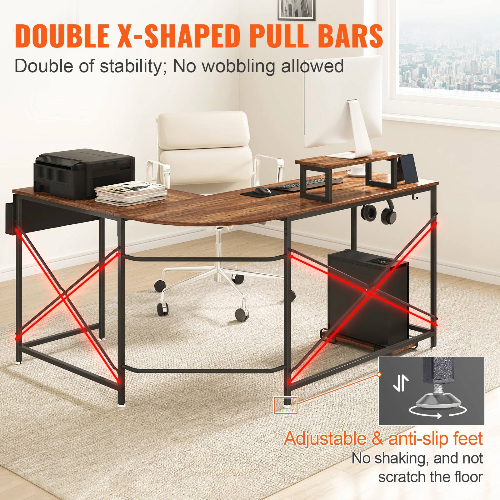 VEVOR L Shaped Computer Desk 59 inch Corner Desk with Storage Bag Monitor Riser and CPU Stand Home Office Work Desk Gaming Desk