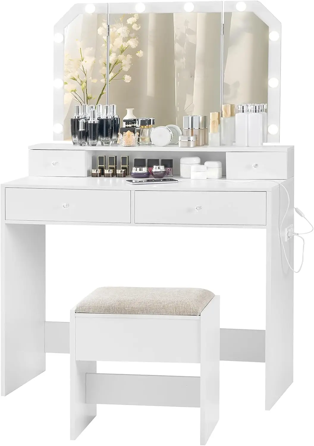 Vanity Desk Set with LED Tri-Fold Lighted Mirror & Power Outlet, Makeup Vanity Table with 4 Drawers, Cushioned Stool, for Bedroo