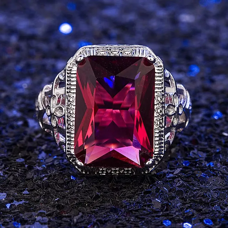 HuiSept Classic Silver 925 Ring Jewelry Rectangle Shape Ruby Gemstone Ring for Male Female Wedding Party Gift Ornament Wholesale