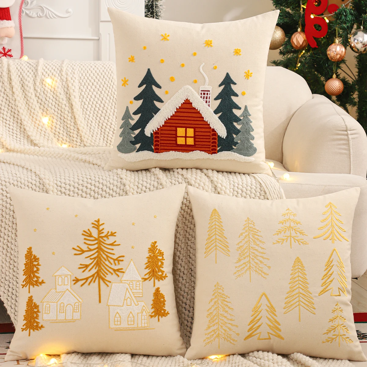 Embroidery Throw Pillow Cover Christmas Decoration Canvas Christmas Tree Forest Winter Farmhouse Home Sofa Living Room