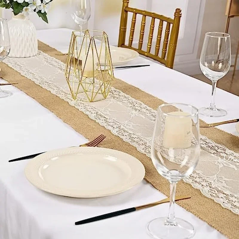 Lace Burlap Table Runner, European Style Table Decor for Hotel, Wedding, Holiday & Party