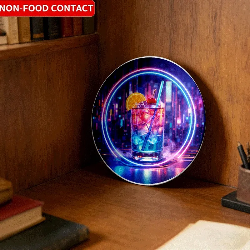 Elegant Neon Cocktail Pattern Ceramic Decorative Plate | Non-Food Contact, Suitable for Living Room TV Stands, Entryways,