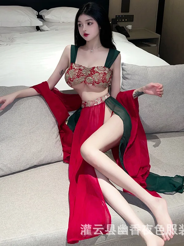 

Chinese Style Long Dress Red Fashion Mesh Sheer Transparent Sexy Hanfu Uniform Temptation Ancient Style Women Dress Elegant S886