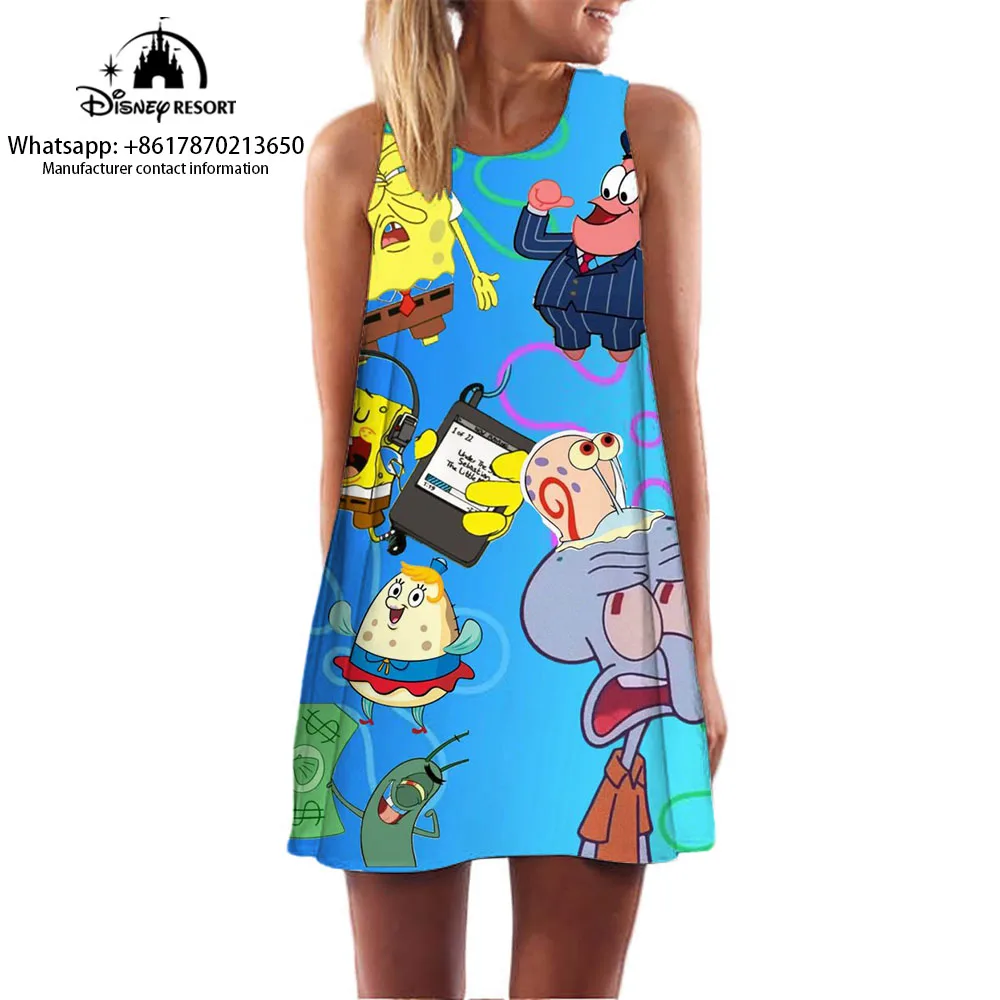 Sleeveless round neck dress Spongebob cartoon pattern print dress summer comfortable casual dress 2024 summer new style