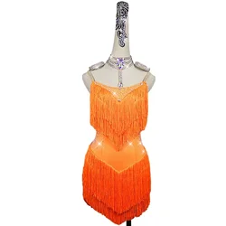 Women Latin Dance Dress Orange Sexy Fringe Sparkly Rhinestone Skirts Lady Latin Salsa Chacha Standard Costumes Custom-made