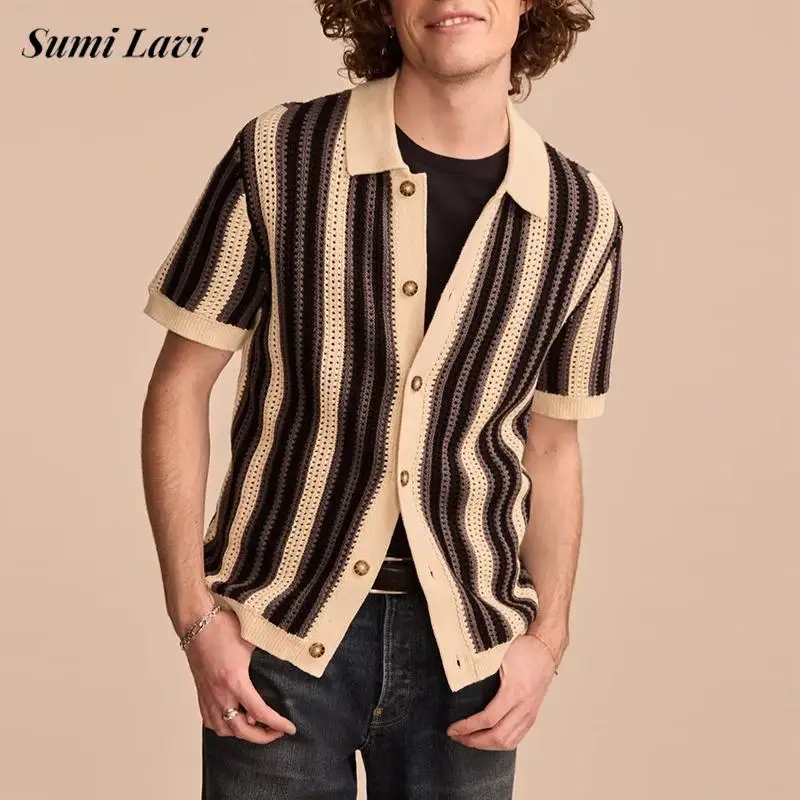 

Daily Casual Breathable Mens Striped Shirts Knitting Short Sleeve Lapel Buttoned Cardigan Tops Men Summer Vintage Striped Shirt