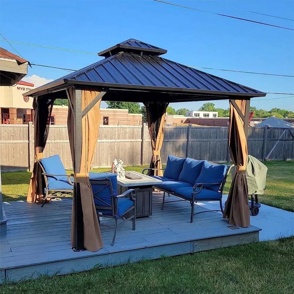 

10' x 10' Hardtop Gazebo Permanent Metal Gazebo with Galvanized Steel Double Roof, Curtains and Netting , Customized